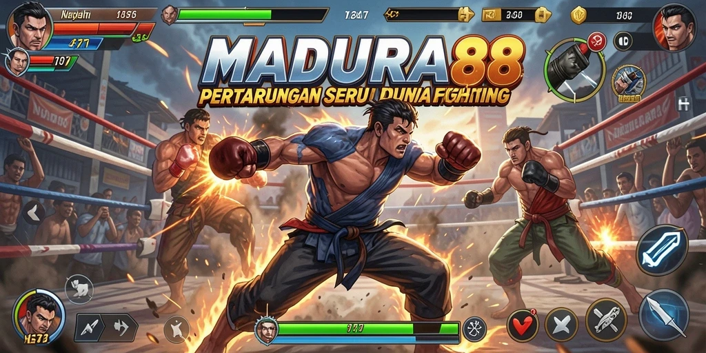 Gameplay pertarungan seru dalam MADURA88 dengan karakter unik.