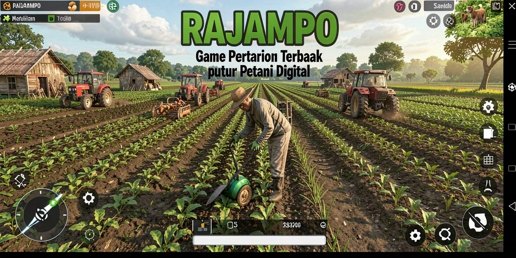 Screenshot gameplay RAJAMPO menampilkan petani yang sedang merawat tanaman.