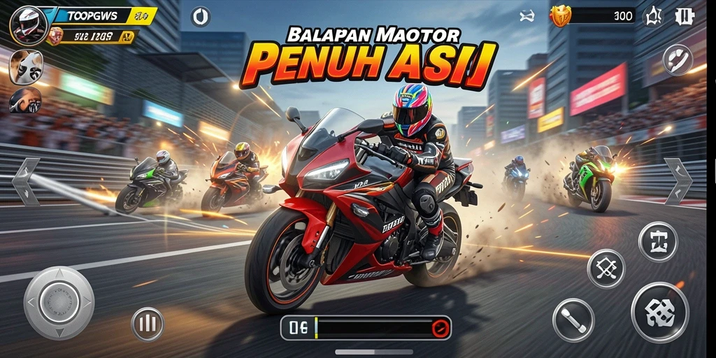 Screenshot dari gameplay TOOPGWS menampilkan aksi balapan motor yang mendebarkan.